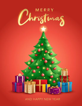 圣诞冷杉树与圣诞礼物的节日海报