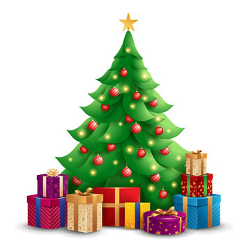圣诞冷杉树与圣诞礼物空白背景