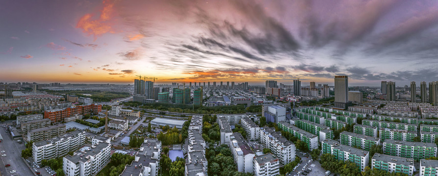 鸟瞰银川城市日出风光宽幅大图