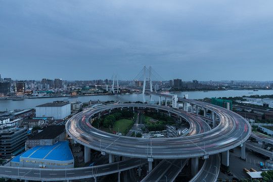 上海南浦大桥夜景和城市天际线