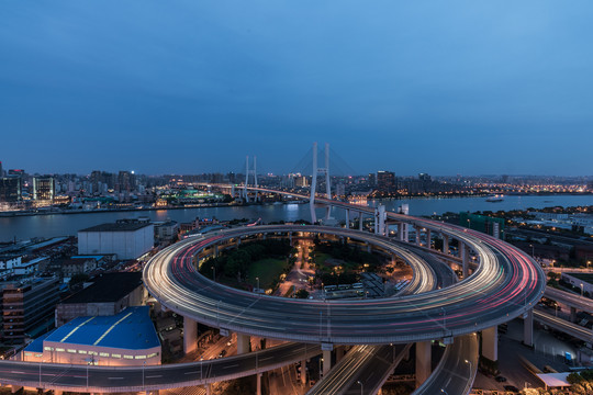 上海南浦大桥夜景和城市天际线