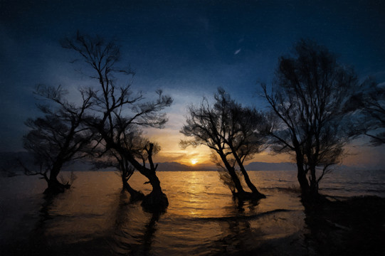 油画洱海日出