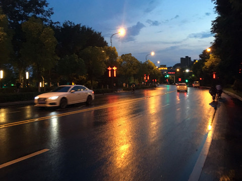 傍晚雨后柏油路面灯光