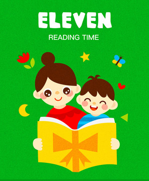 卡通矢量男孩跟妈妈一起快乐读书