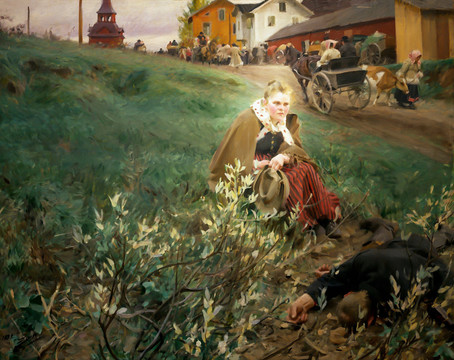 安德斯·佐恩坐在草地上的女人油画