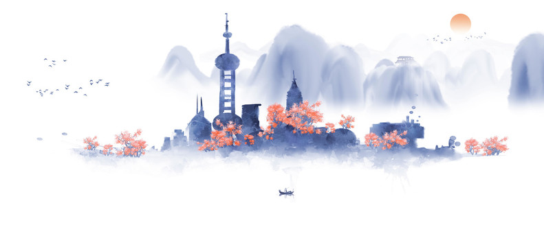 中国风上海意境水墨山水画