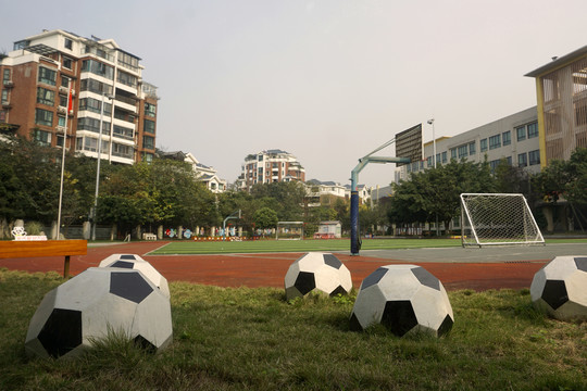 校园足球场及足球雕塑