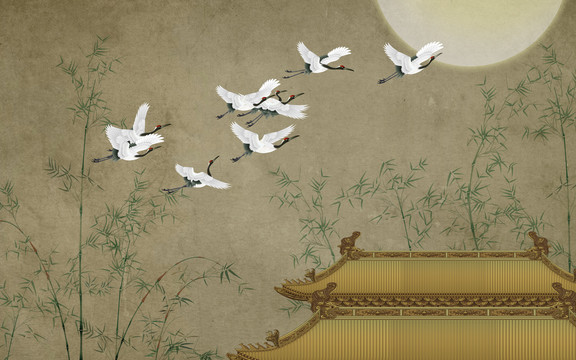 新中式复古仙鹤楼阁背景墙手绘