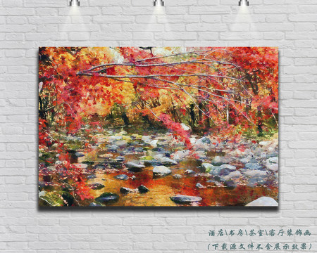 红枫小溪风景油画