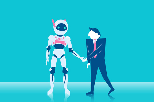 男子与机器人握手合作插图