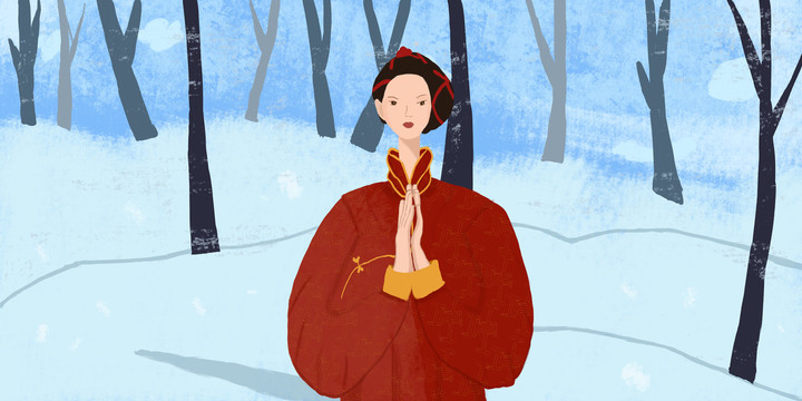 祈福藏族女孩冬景插画