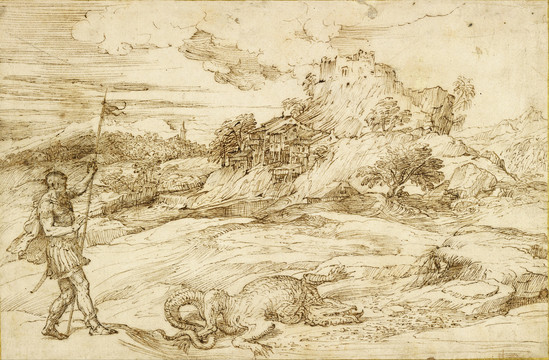 提香素描圣西奥多战胜龙的景观
