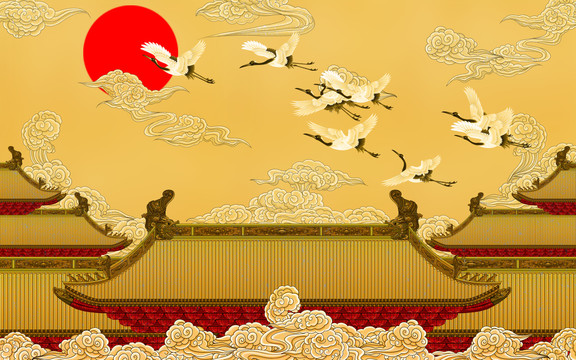 皇宫大气仙鹤宫廷画背景墙高端