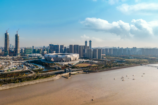 空中鸟瞰杭州建筑景观天际线