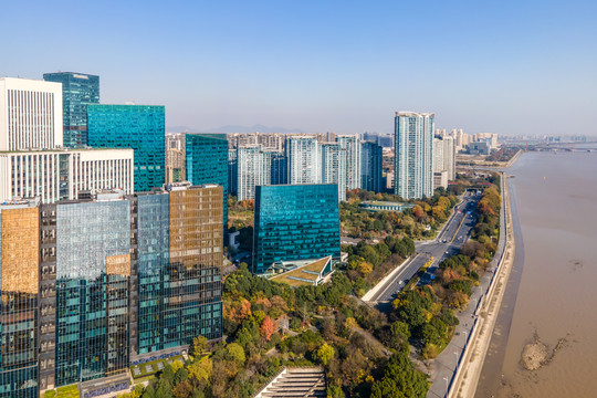 杭州城市建筑天际线鸟瞰图