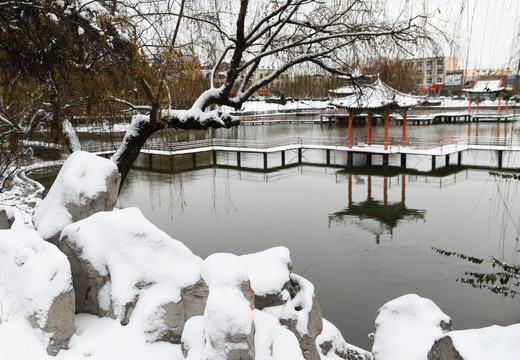 山东枣庄山亭区太清湖公园雪景