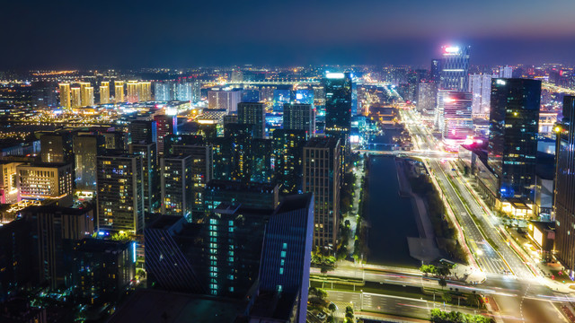 宁波金融区夜景航拍
