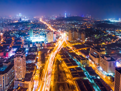 航拍青岛城市天际线夜景