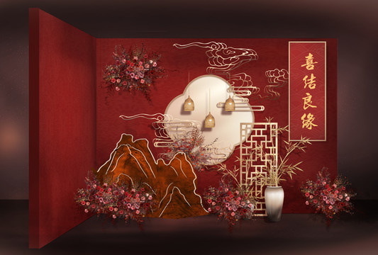 中式迎宾婚礼手绘效果图