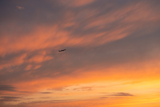 飞机在夕阳中穿行
