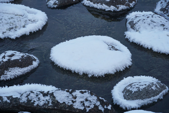 喀纳斯河里石头上的雪