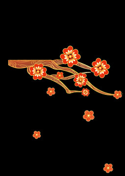 卡通中国风金边花朵树枝装饰插画