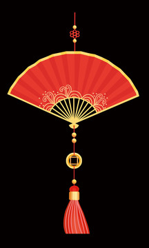 卡通中国红海浪波纹扇子吊坠窗贴