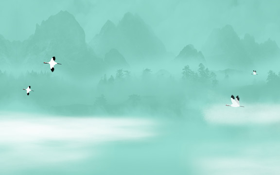 中国风山水飞鸟背景