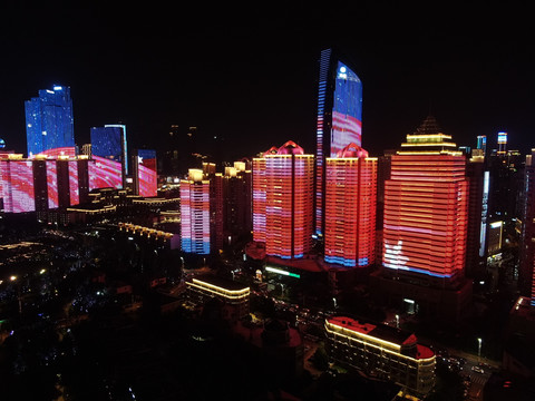 航拍青岛市滨海夜景