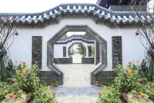 唐语中式砖雕庭院设计实景图