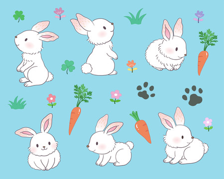 蓝色背景兔子和胡萝卜插图墙纸