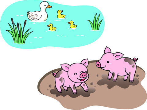 鸭和猪在池塘泥潭玩耍插图