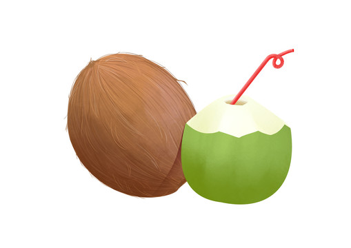 卡通写实新鲜成熟的椰子椰汁插画