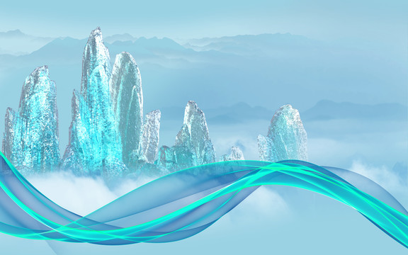 冰雕雪山薄纱新中式山水装饰画