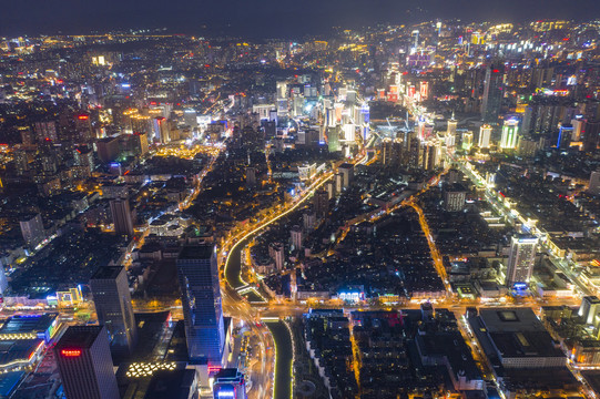 航拍云南昆明城市夜景