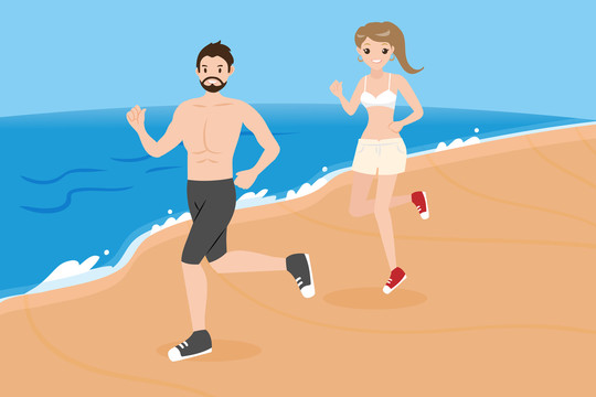 海边慢跑男女创意设计插图
