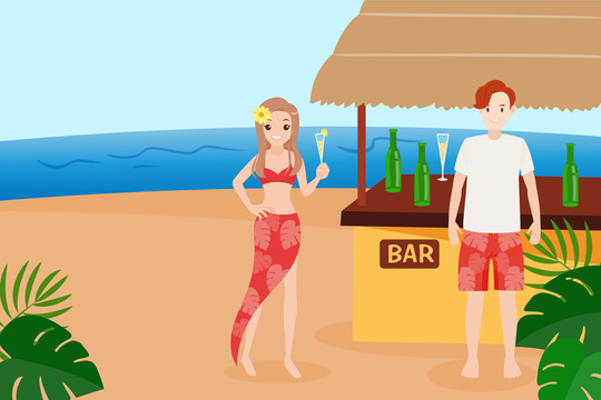 海边喝调酒男女创意设计插图