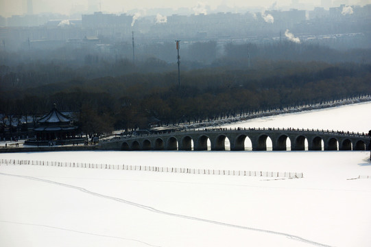 北京颐和园十七孔桥雪景