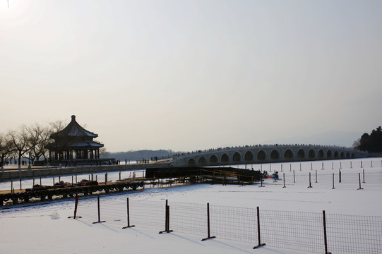 北京颐和园十七孔桥雪景