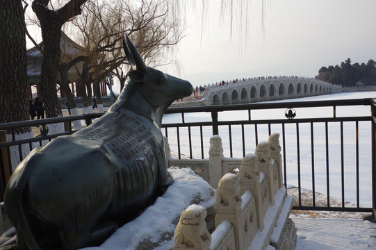 北京颐和园铜牛十七孔桥雪景