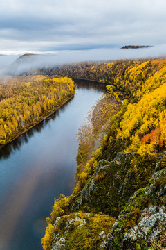 秋季森林清晨晨雾山谷河流