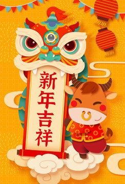 中国新年小牛舞狮剪纸风竖式贺图