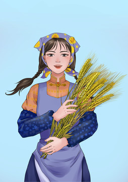 怀抱麦子的少女手绘插画
