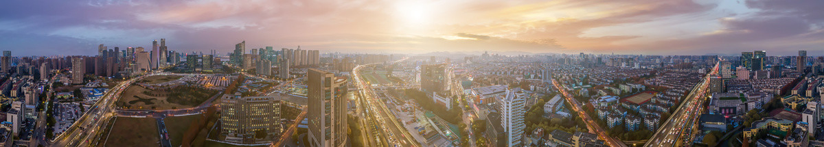 航拍杭州城市建筑景观天际线全景