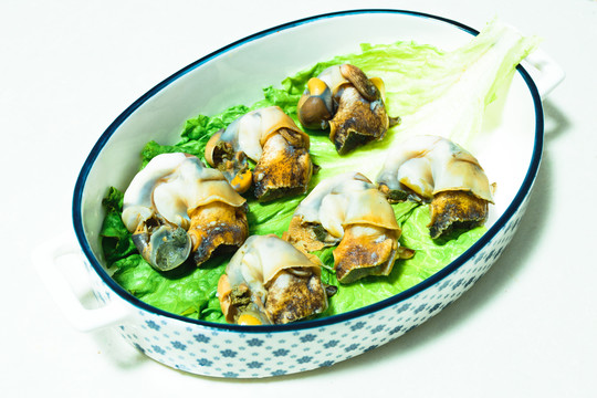 摆放在瓷盘里的生菜叶上的海螺肉