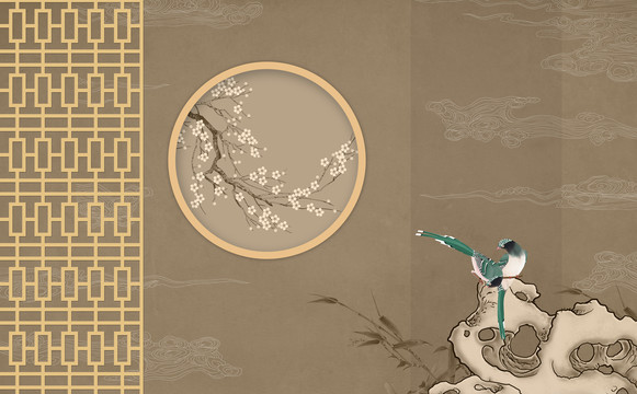 中式花鸟窗花背景墙