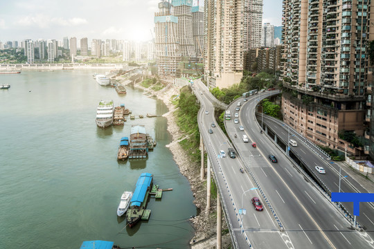 航拍重庆嘉陵江畔道路和高层建筑