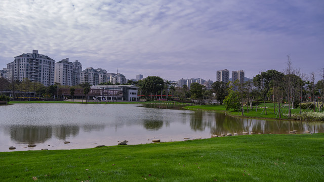 映衬这都市建筑的湖面