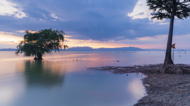 晚霞湖泊与树