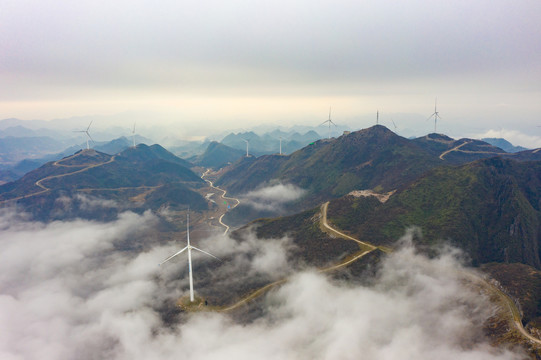 航拍湖南湘西羊峰山风力发电机组